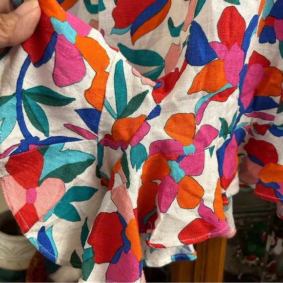 Olivaceous Linen Blend Floral Romper Tie Ruffles Adj Strap V-neck Halter Style S - Picture 8 of 14